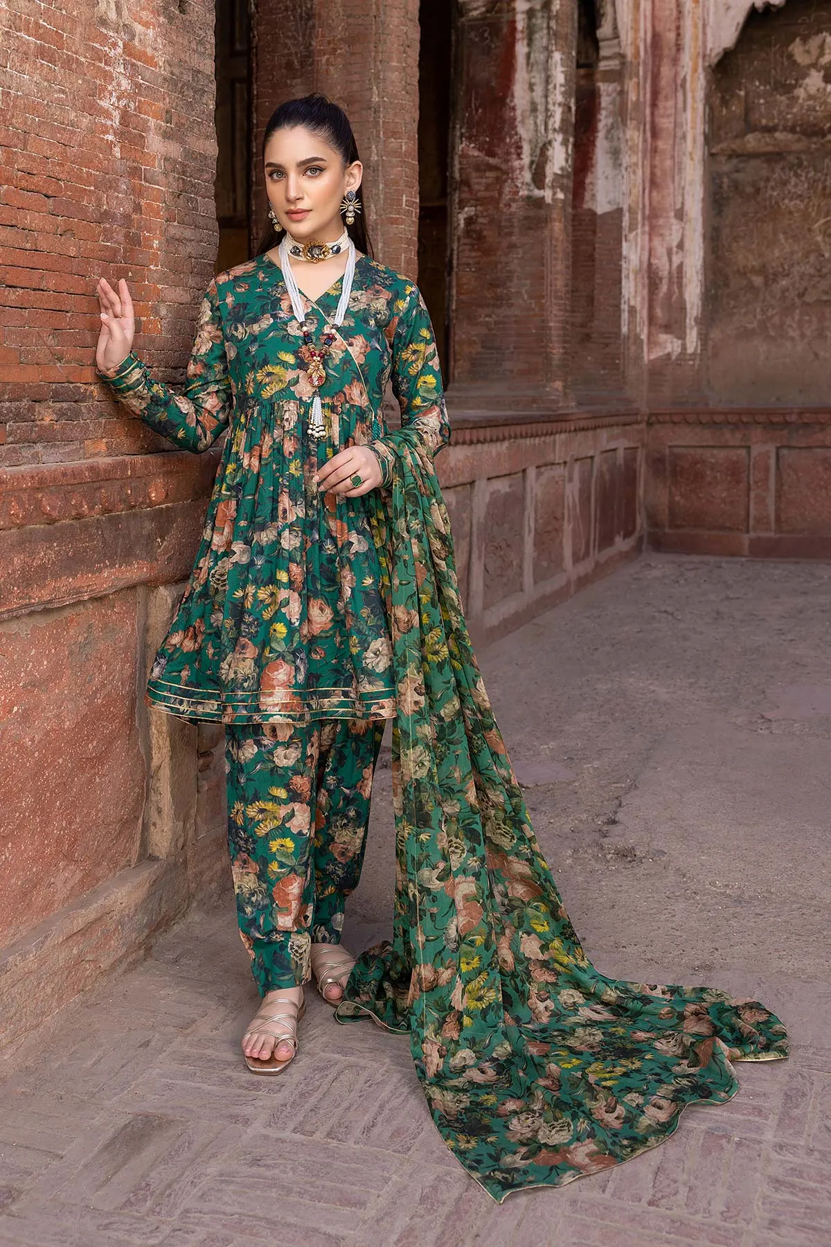 3-Pc Cotton Printed Shirt With Printed Trouser and Printed Chiffon Dupatta FFP23-16 A