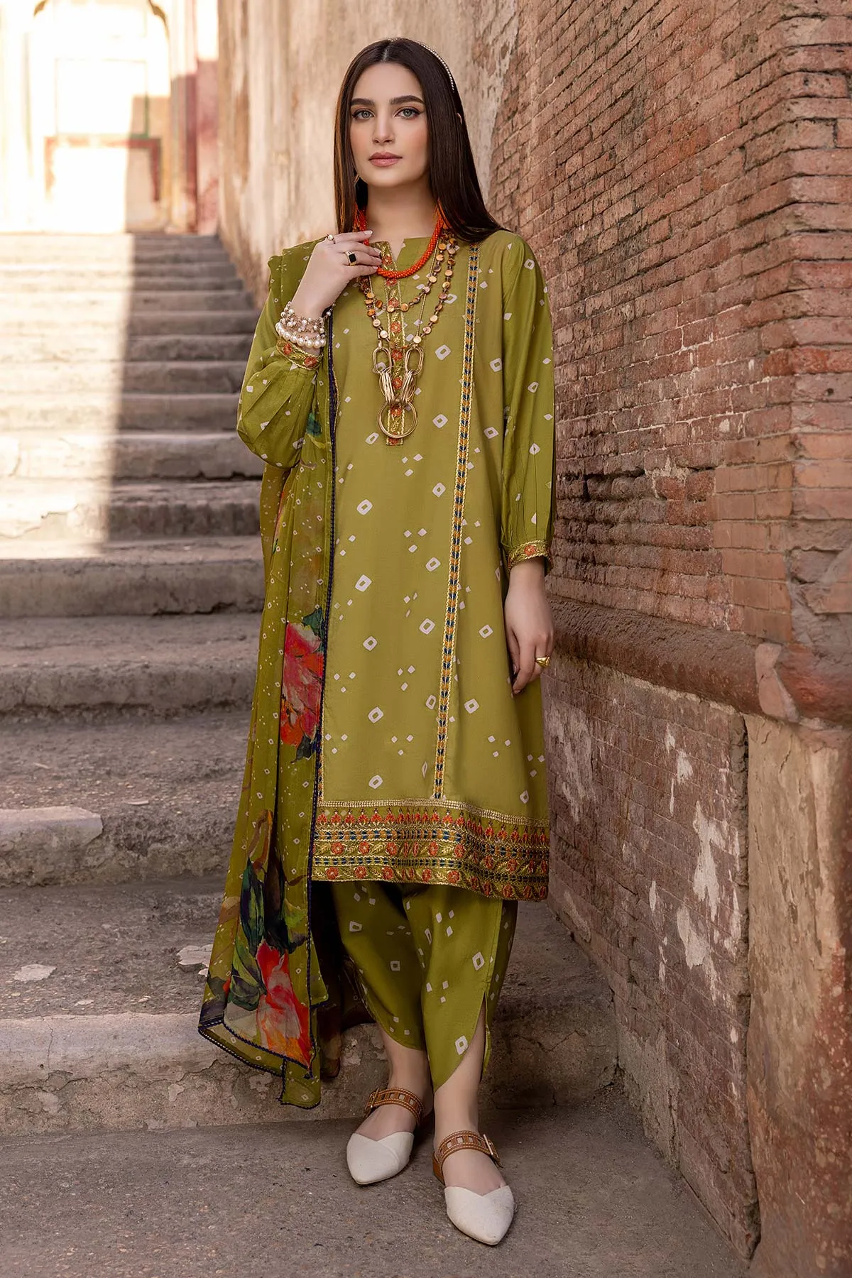 3-Pc Printed Shirt With Printed Cotton Trouser and Printed Chiffon Dupatta FFP23-11A