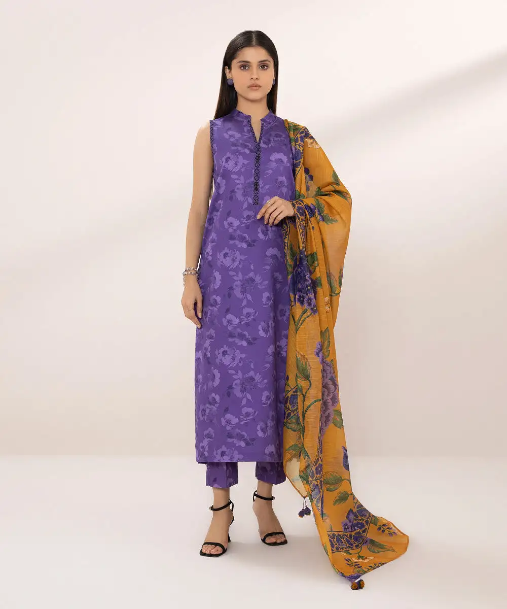 3 Piece - Printed Cotton Satin Suit