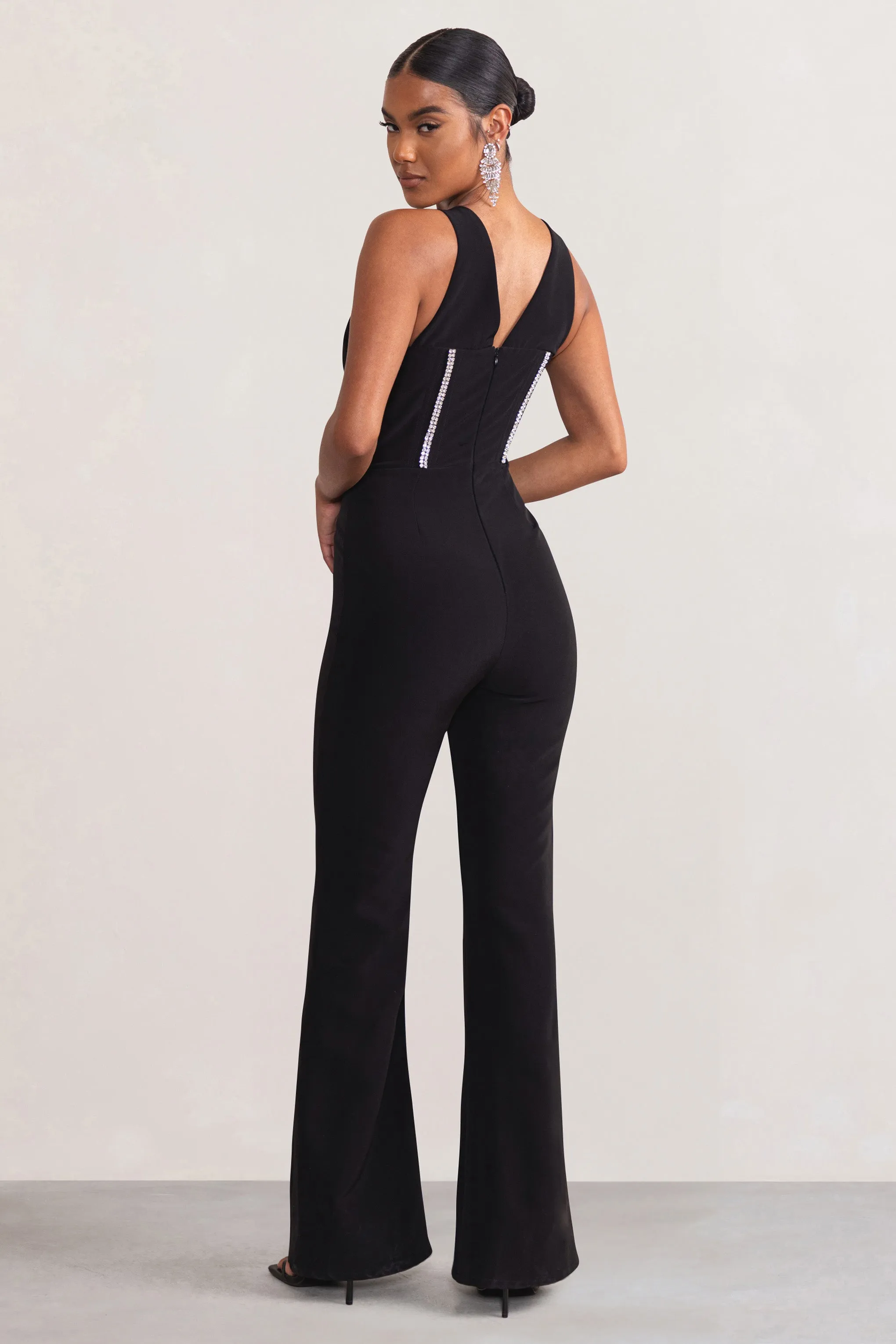 Alison | Black Plunge Corset Jumpsuit With Diamante Trim Detail