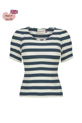 Ann Scoop Neck Striped Top in Petrol Blue and Ecru