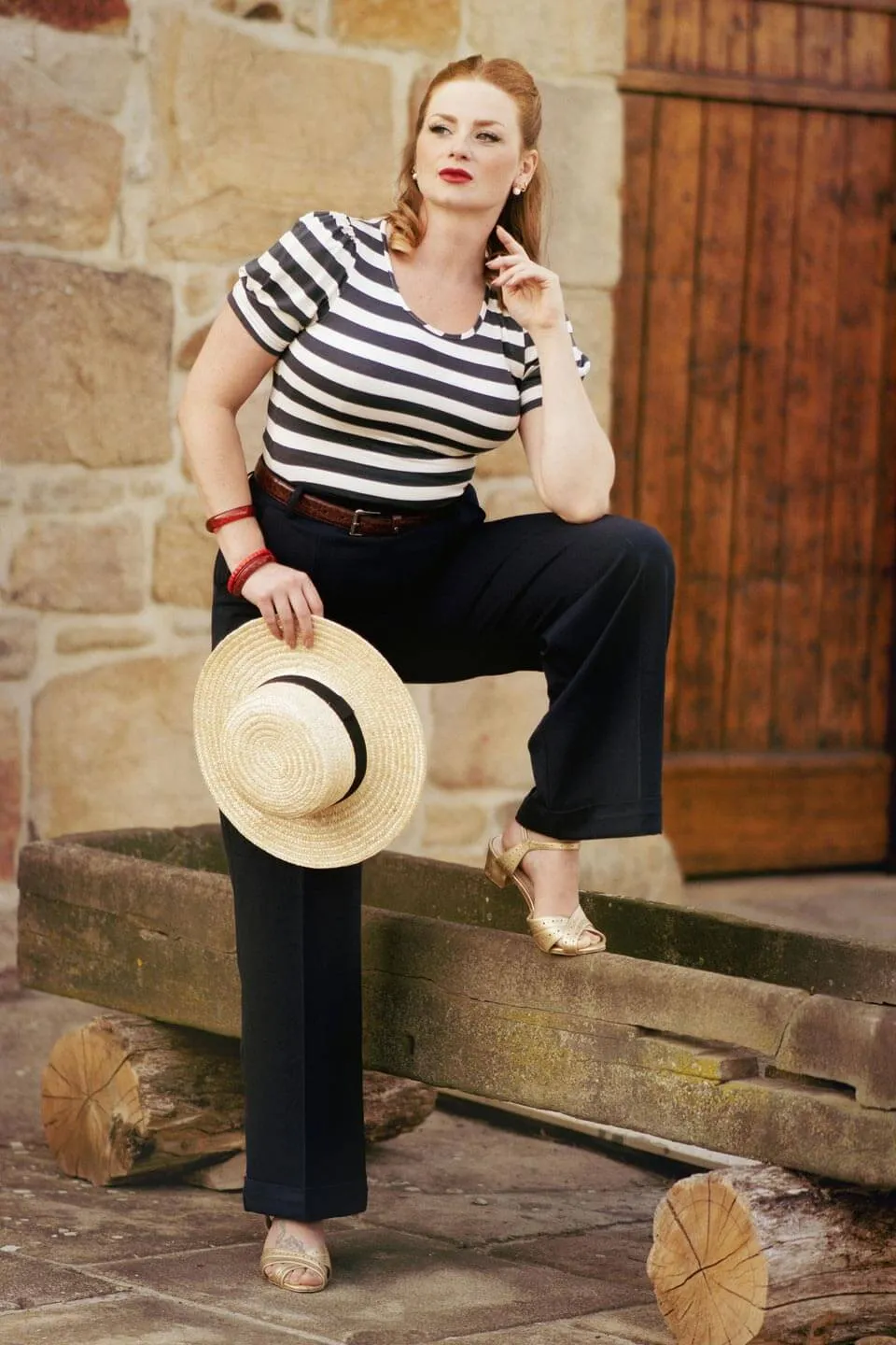 Ann Scoop Neck Striped Top in Petrol Blue and Ecru