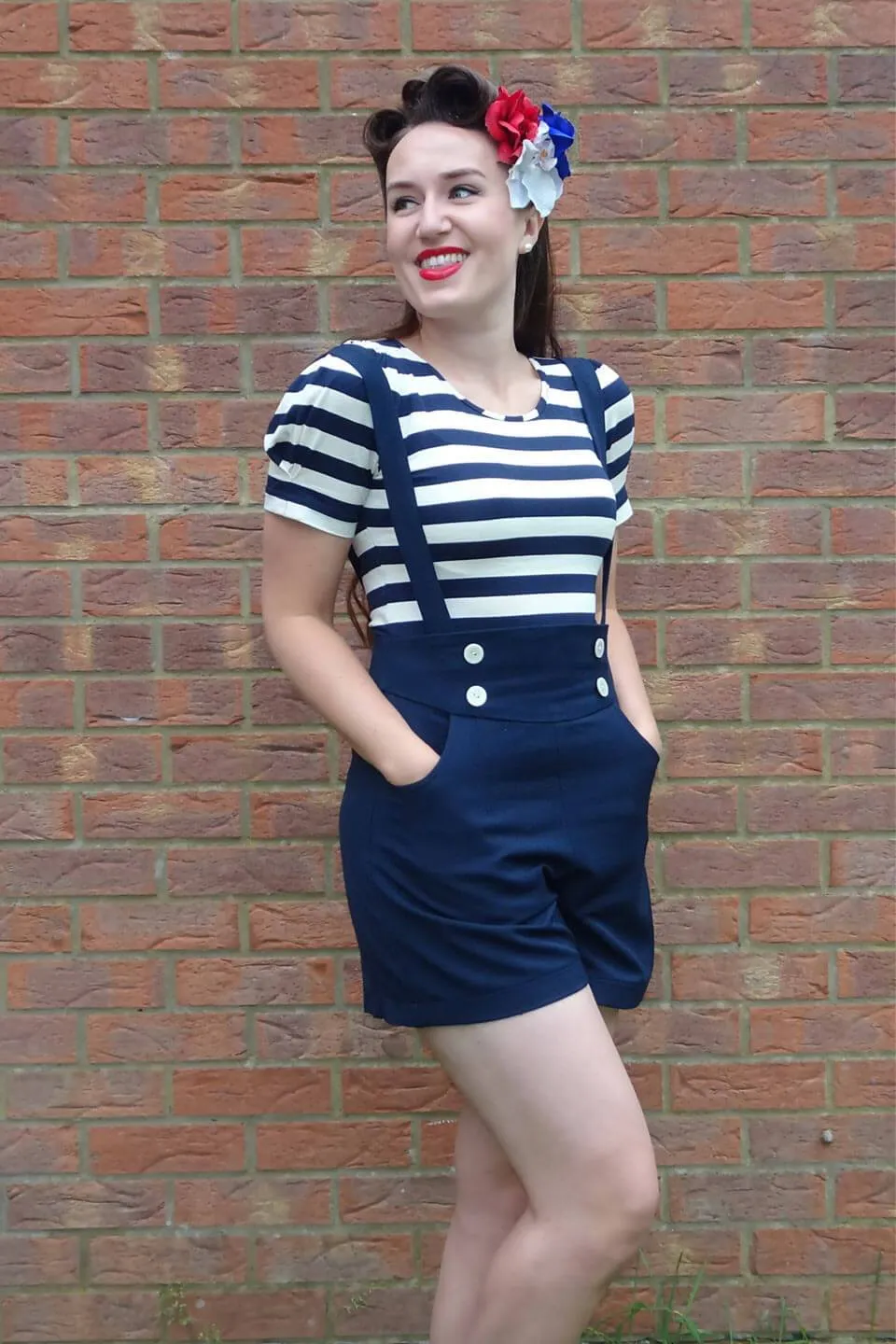 Ann Scoop Neck Striped Top in Petrol Blue and Ecru