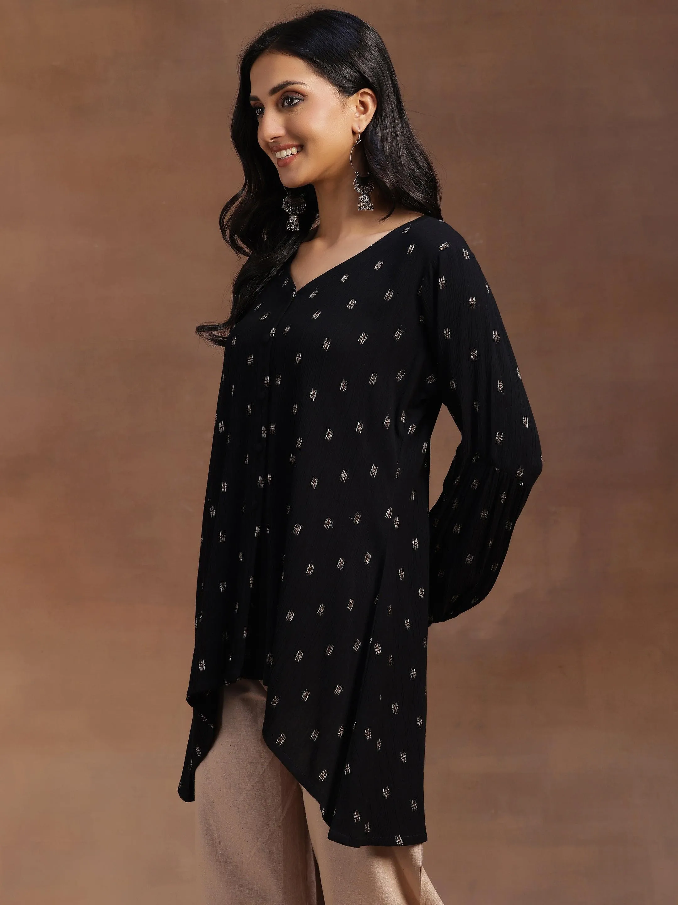 Black Woven Design Cotton A-line Kurti