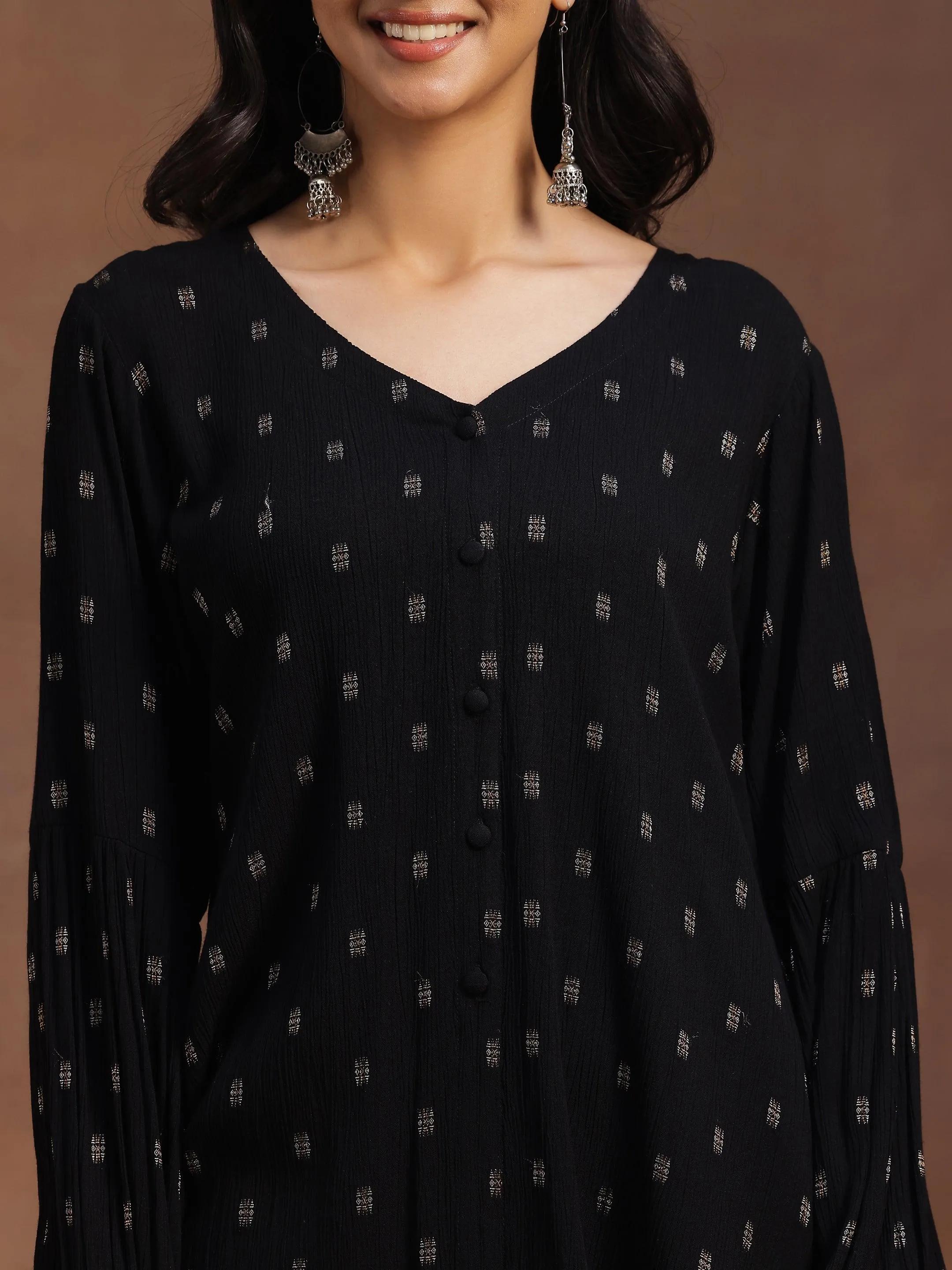 Black Woven Design Cotton A-line Kurti