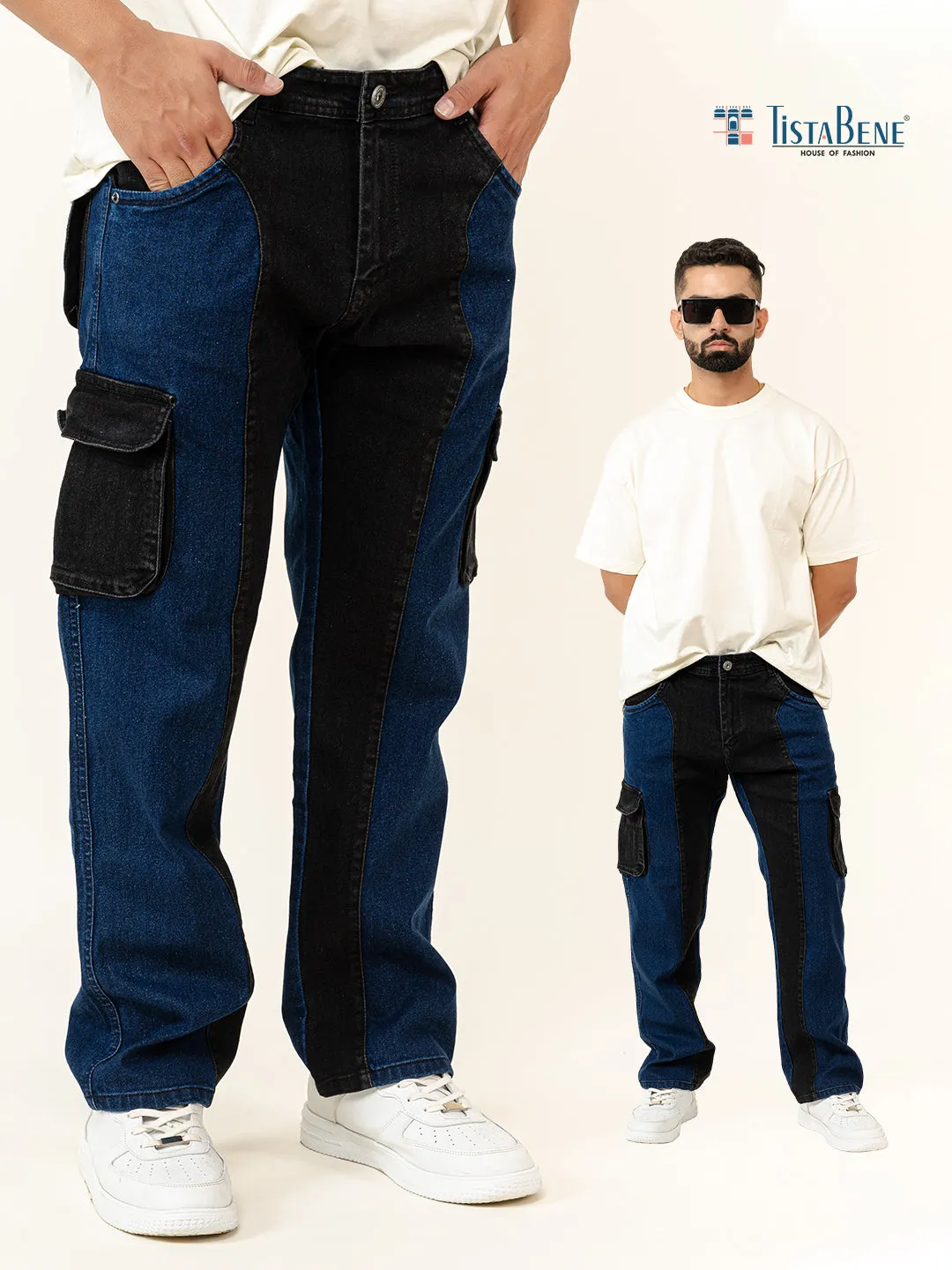 Blue & Black Colour-Block Straight Fit Denim Cargo Jeans