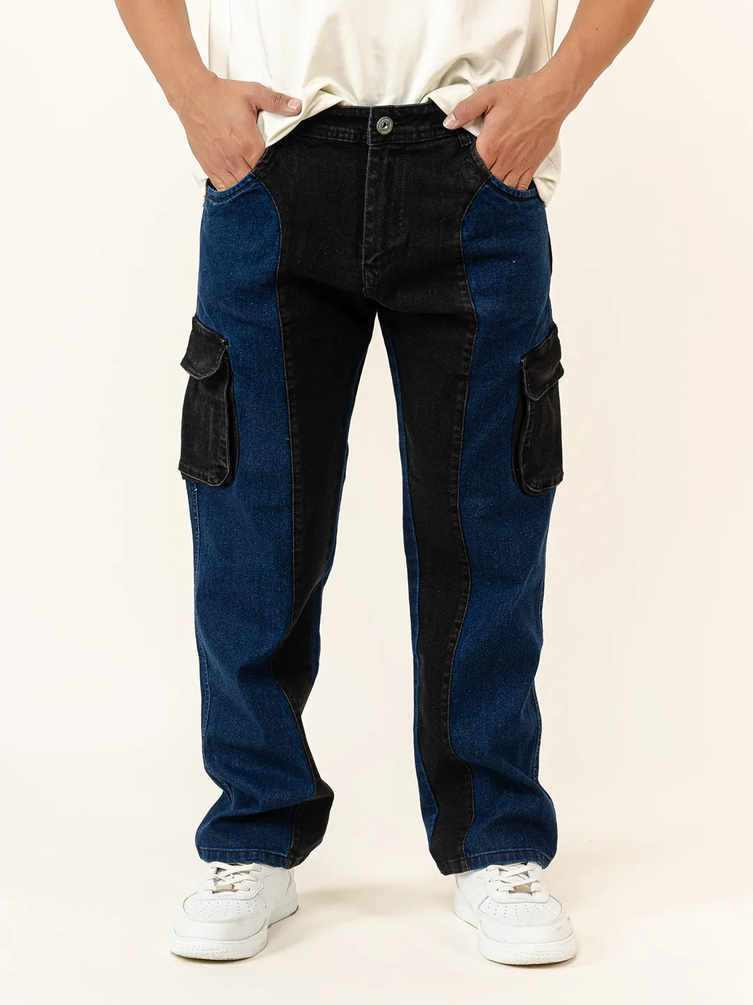 Blue & Black Colour-Block Straight Fit Denim Cargo Jeans