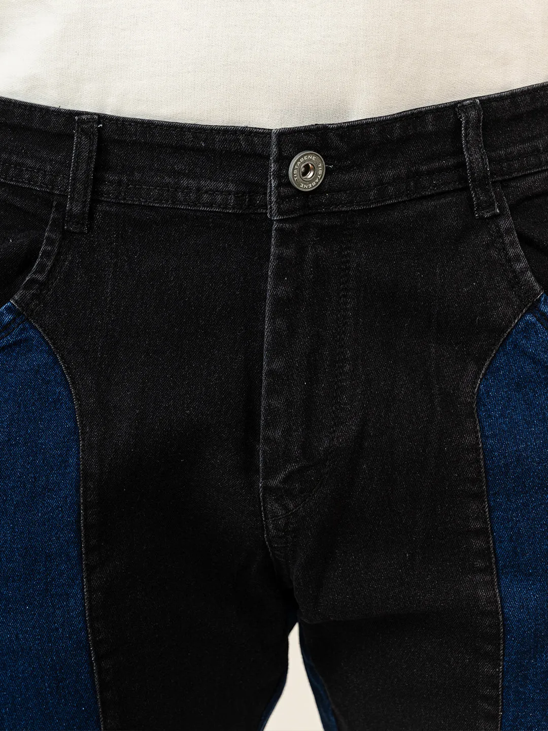 Blue & Black Colour-Block Straight Fit Denim Cargo Jeans