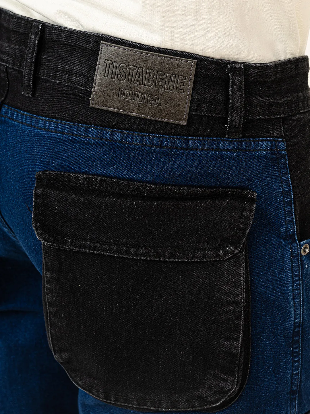 Blue & Black Colour-Block Straight Fit Denim Cargo Jeans