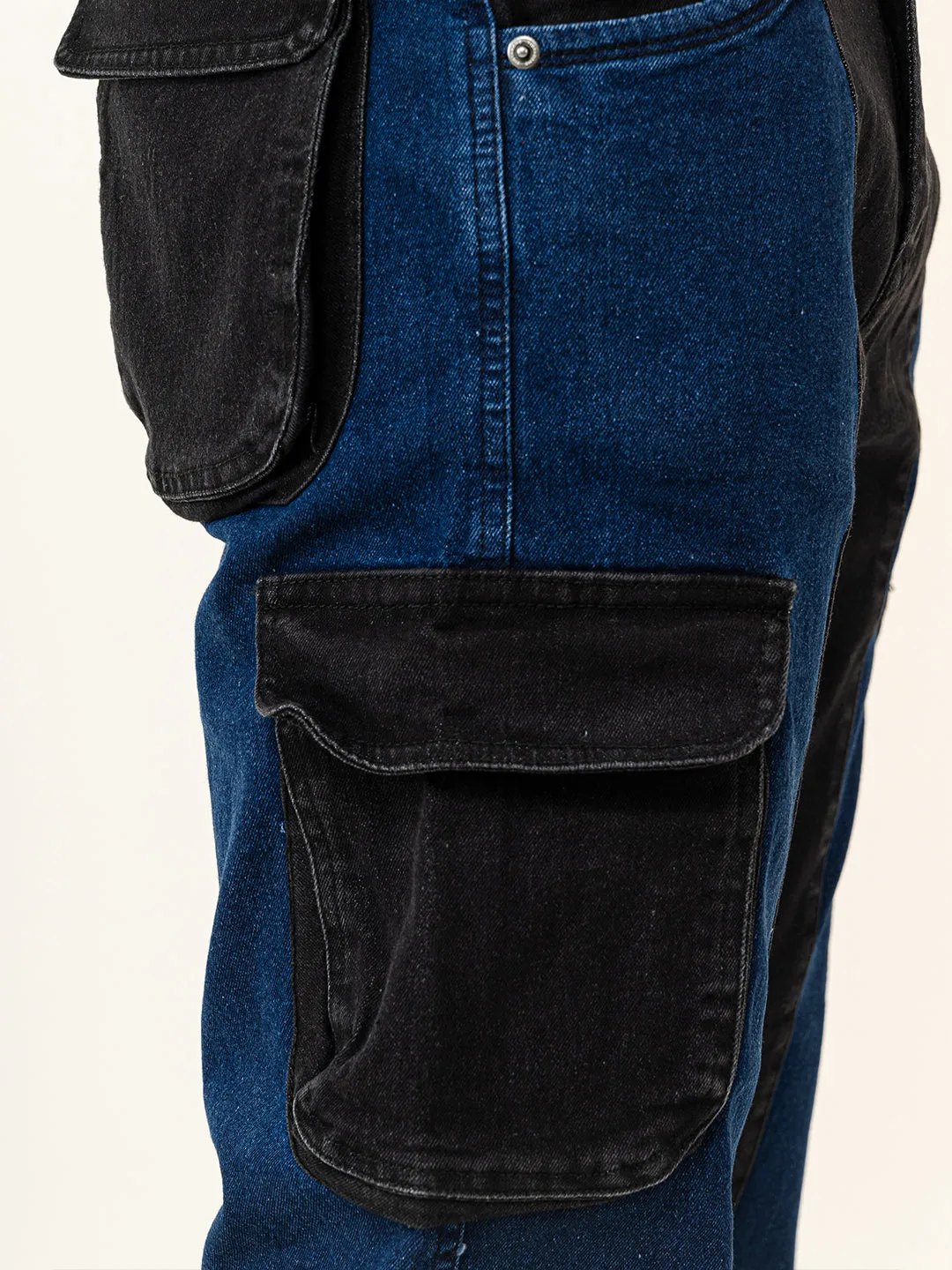 Blue & Black Colour-Block Straight Fit Denim Cargo Jeans