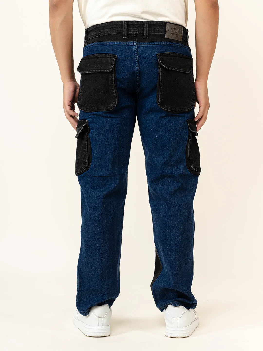 Blue & Black Colour-Block Straight Fit Denim Cargo Jeans