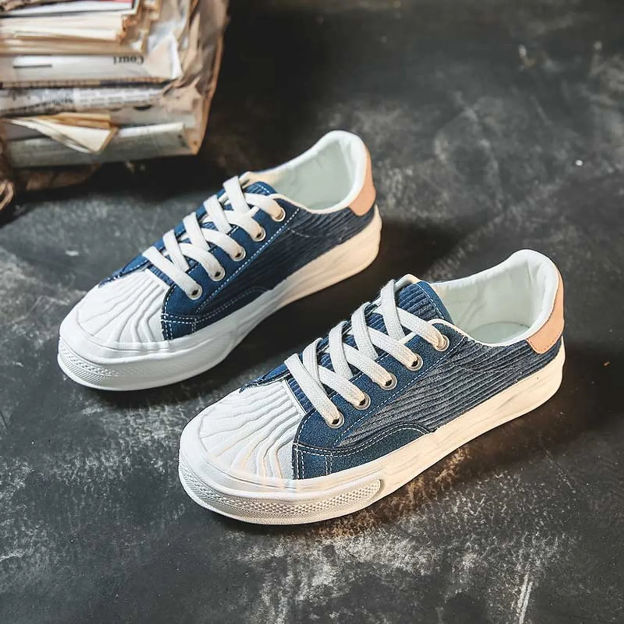 Blue canvas texture stripe lace up shoe sneaker