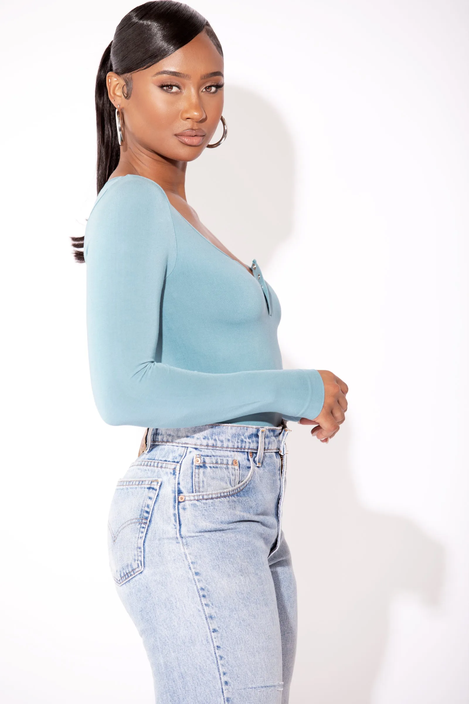 Blue Long Sleeve Round Neck Bodysuit