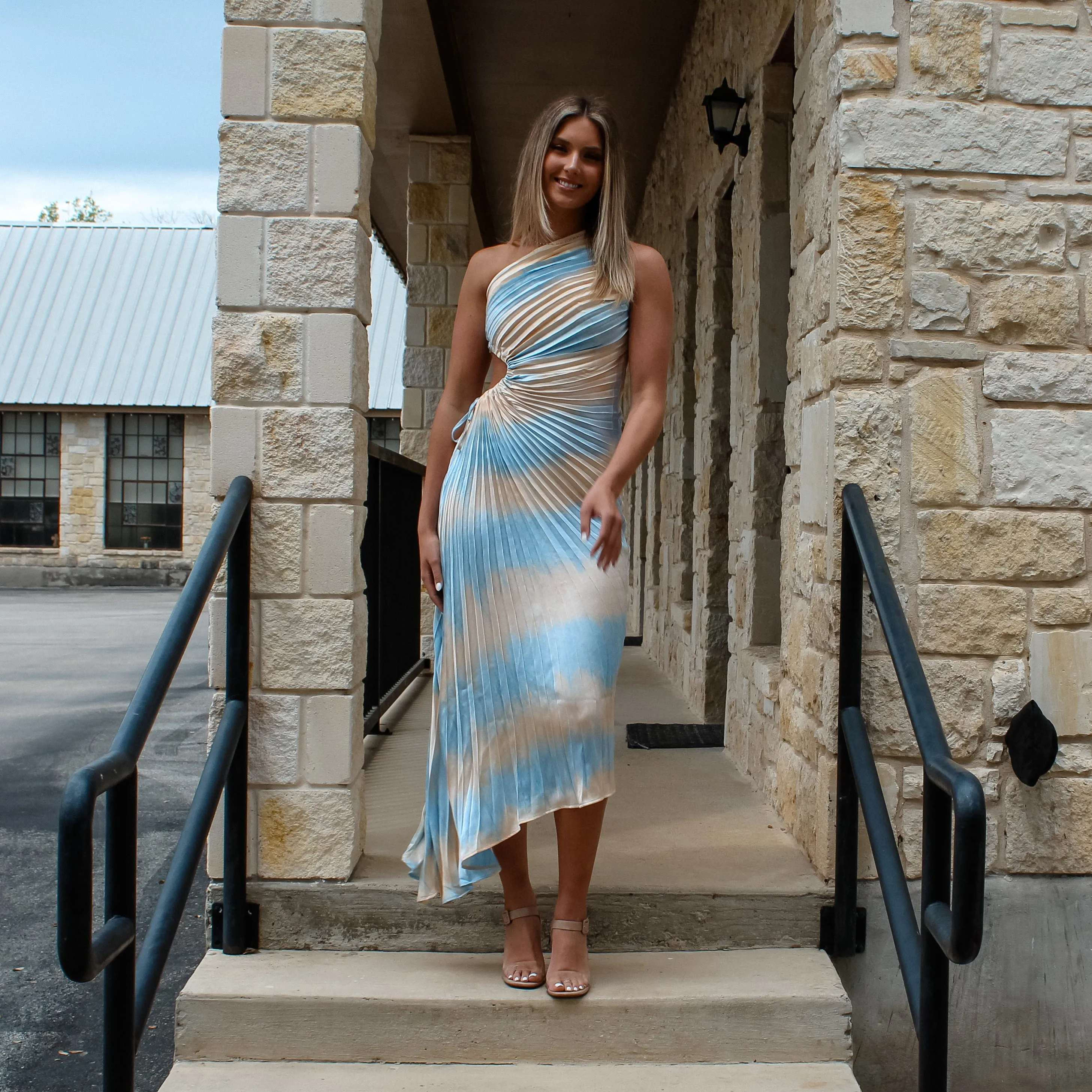 Blue Pleated Asymmetrical Dress