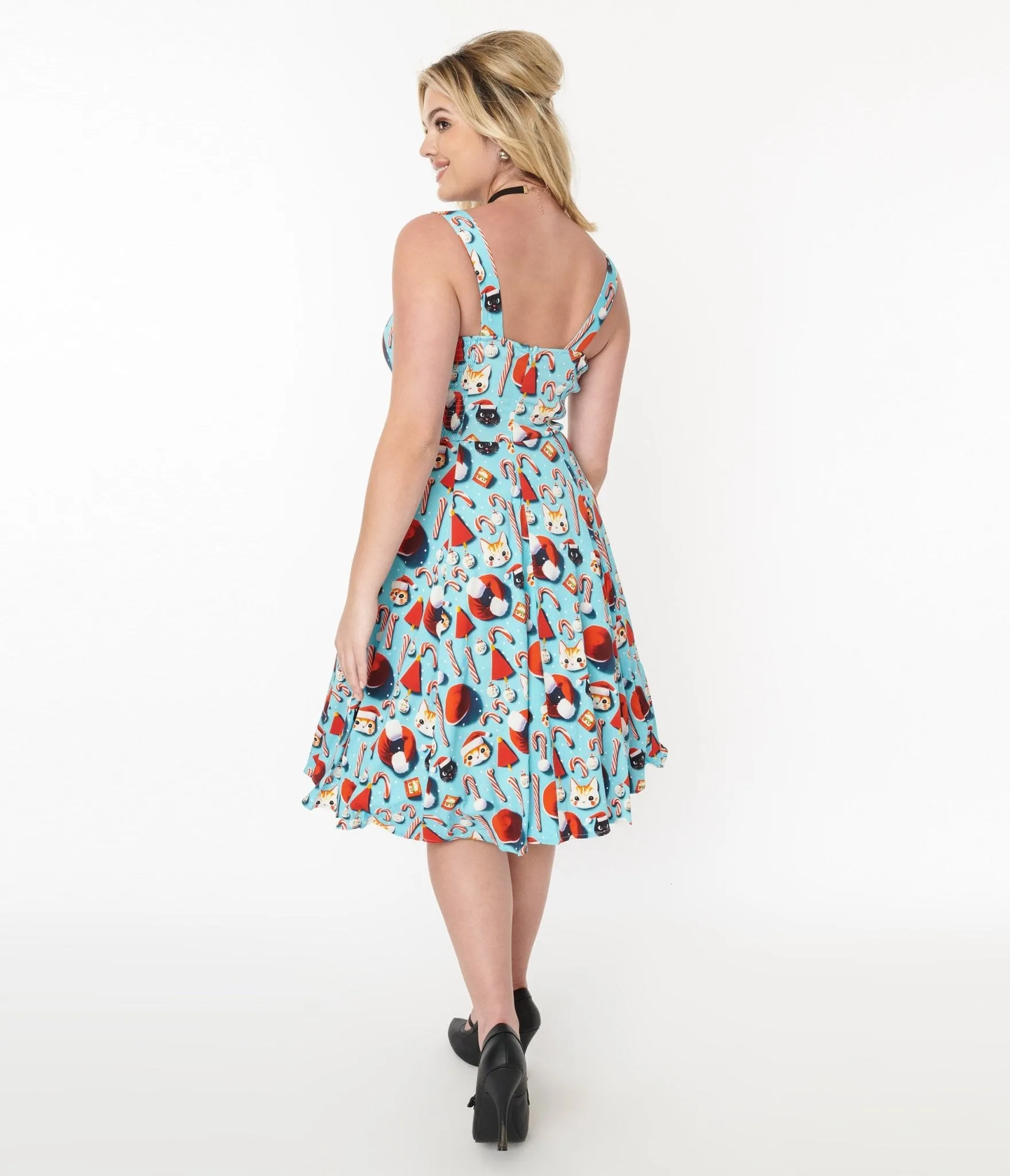 Blue Santa Kitty Print Swing Dress