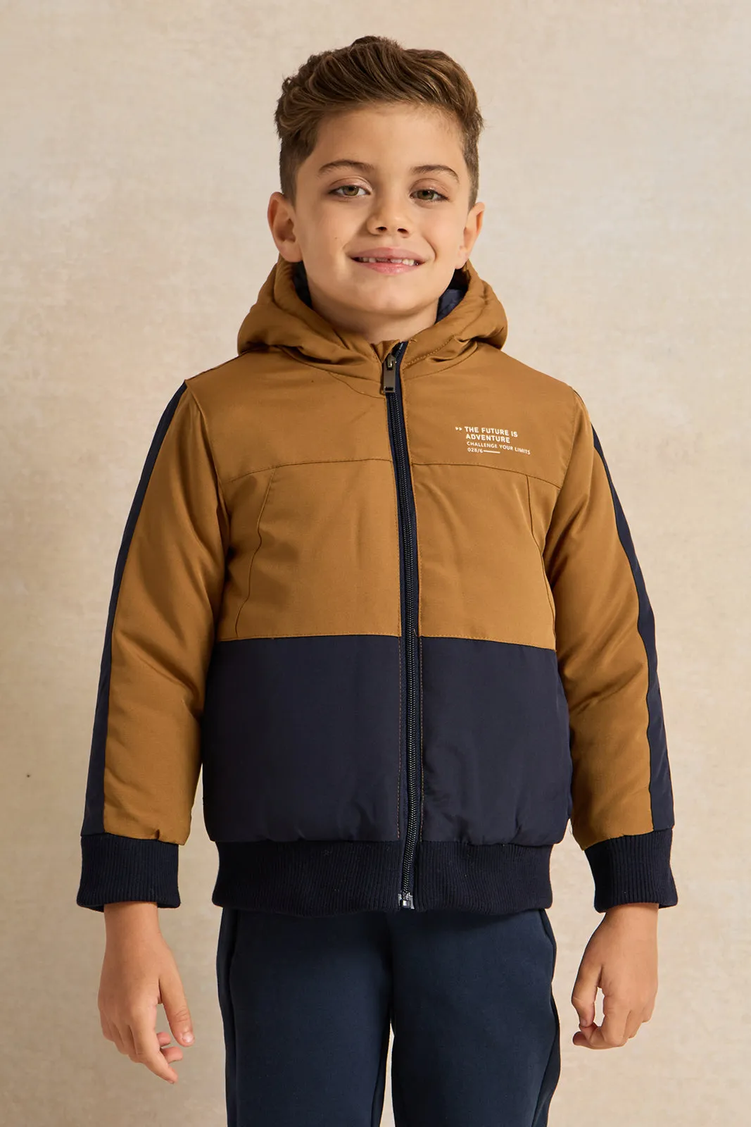 Boys Brown Embellished Hooded Jacket