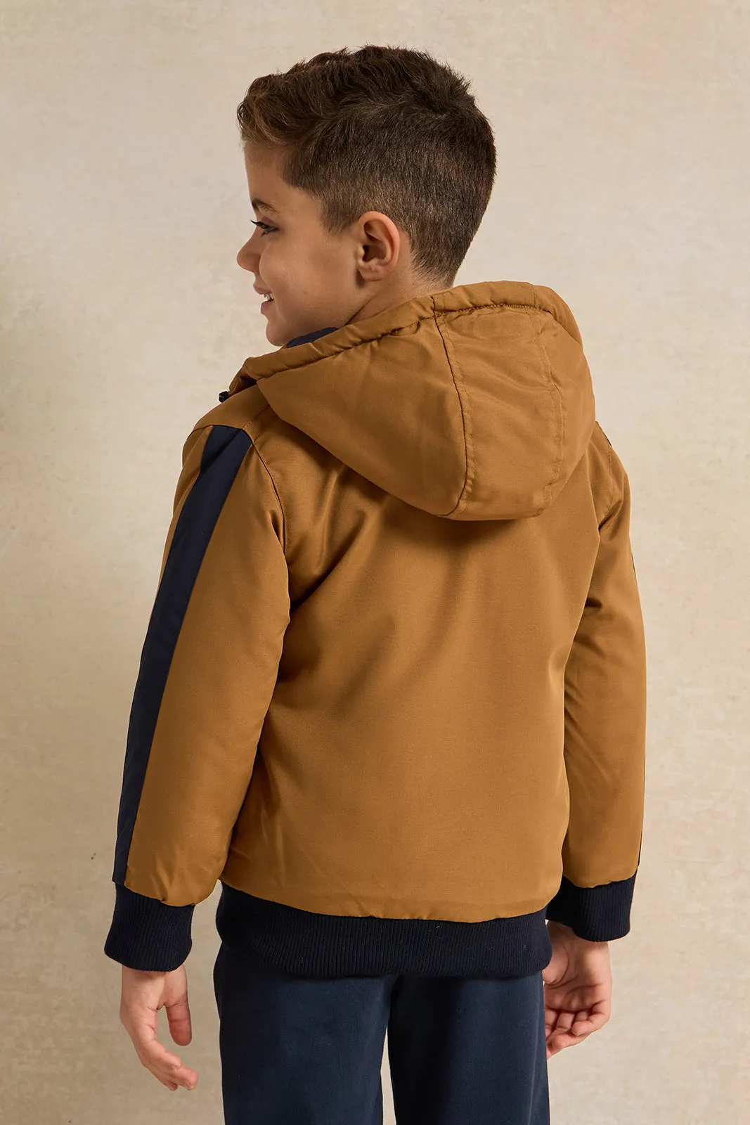 Boys Brown Embellished Hooded Jacket