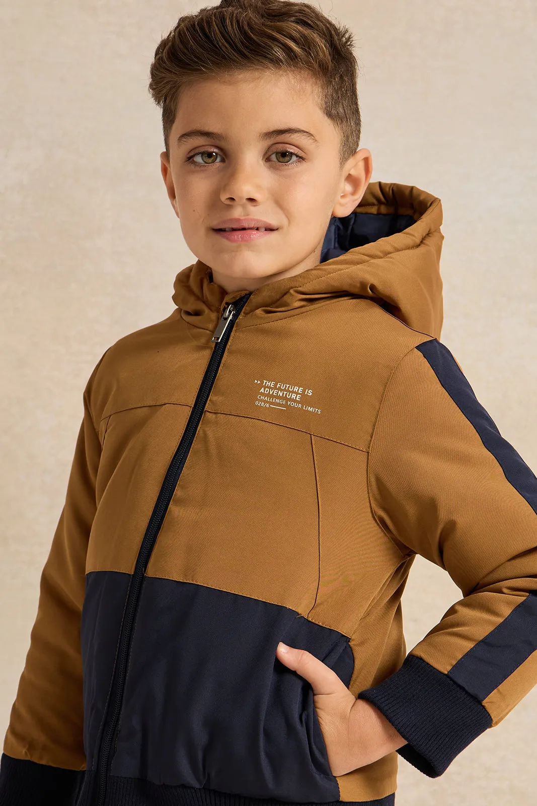 Boys Brown Embellished Hooded Jacket