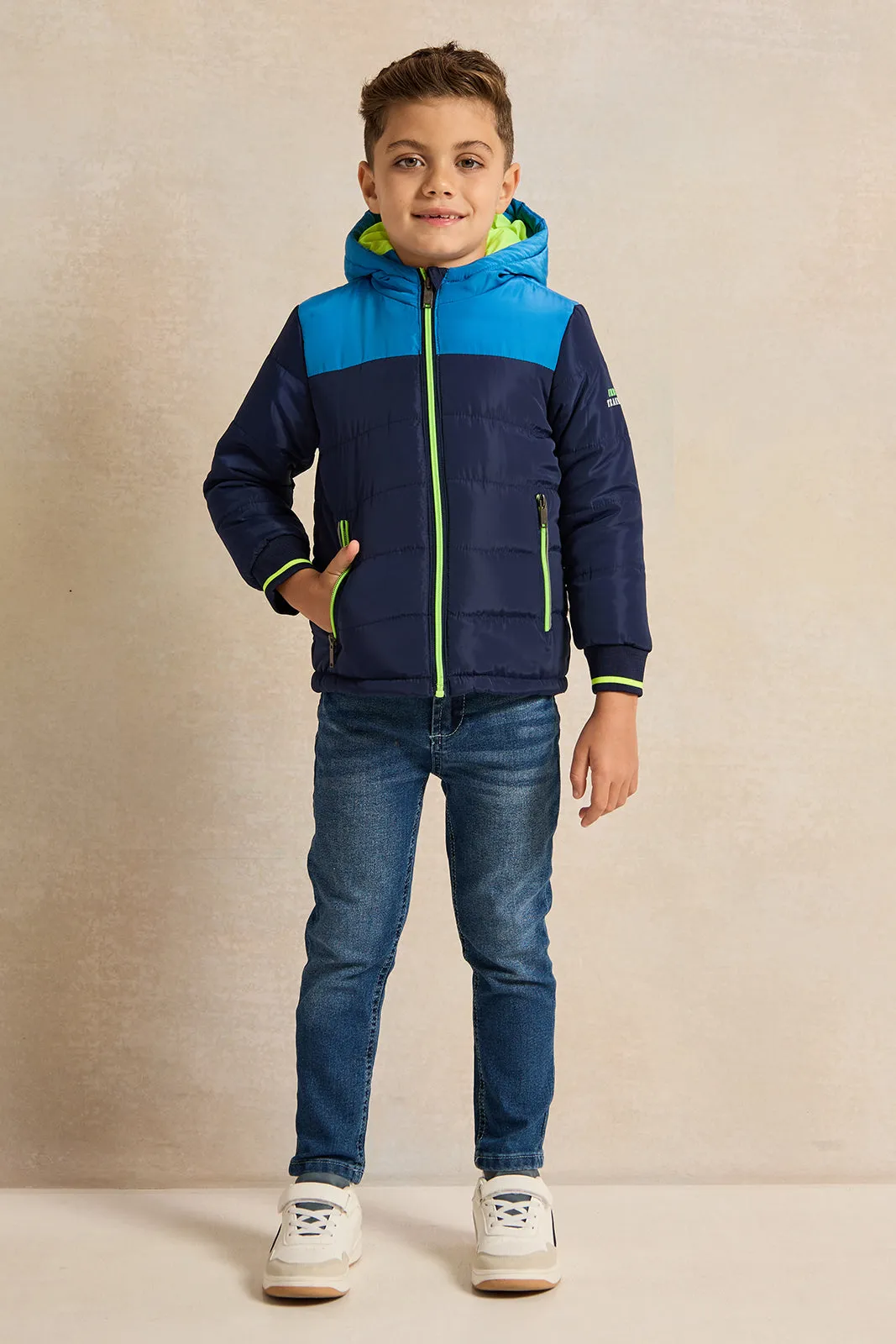 Boys Navy Embellished Hooded Jacket