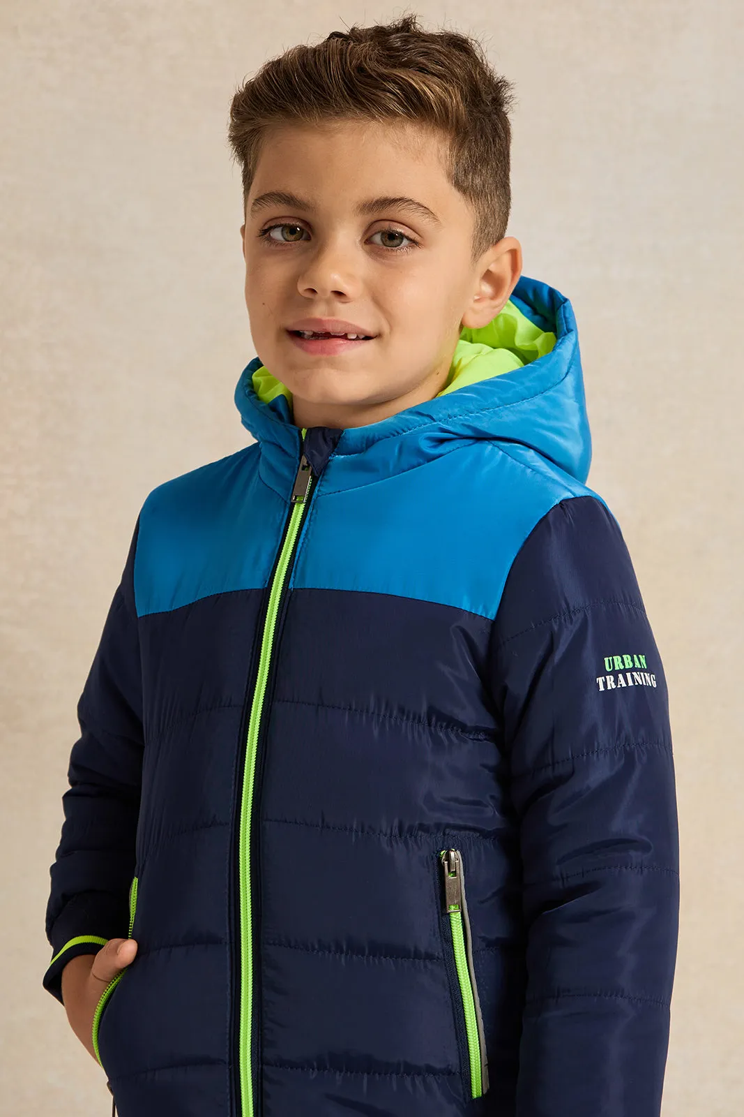 Boys Navy Embellished Hooded Jacket