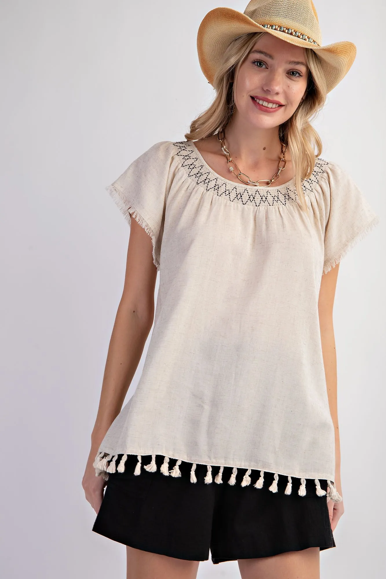 Cap Sleeve Tassel Linen Top