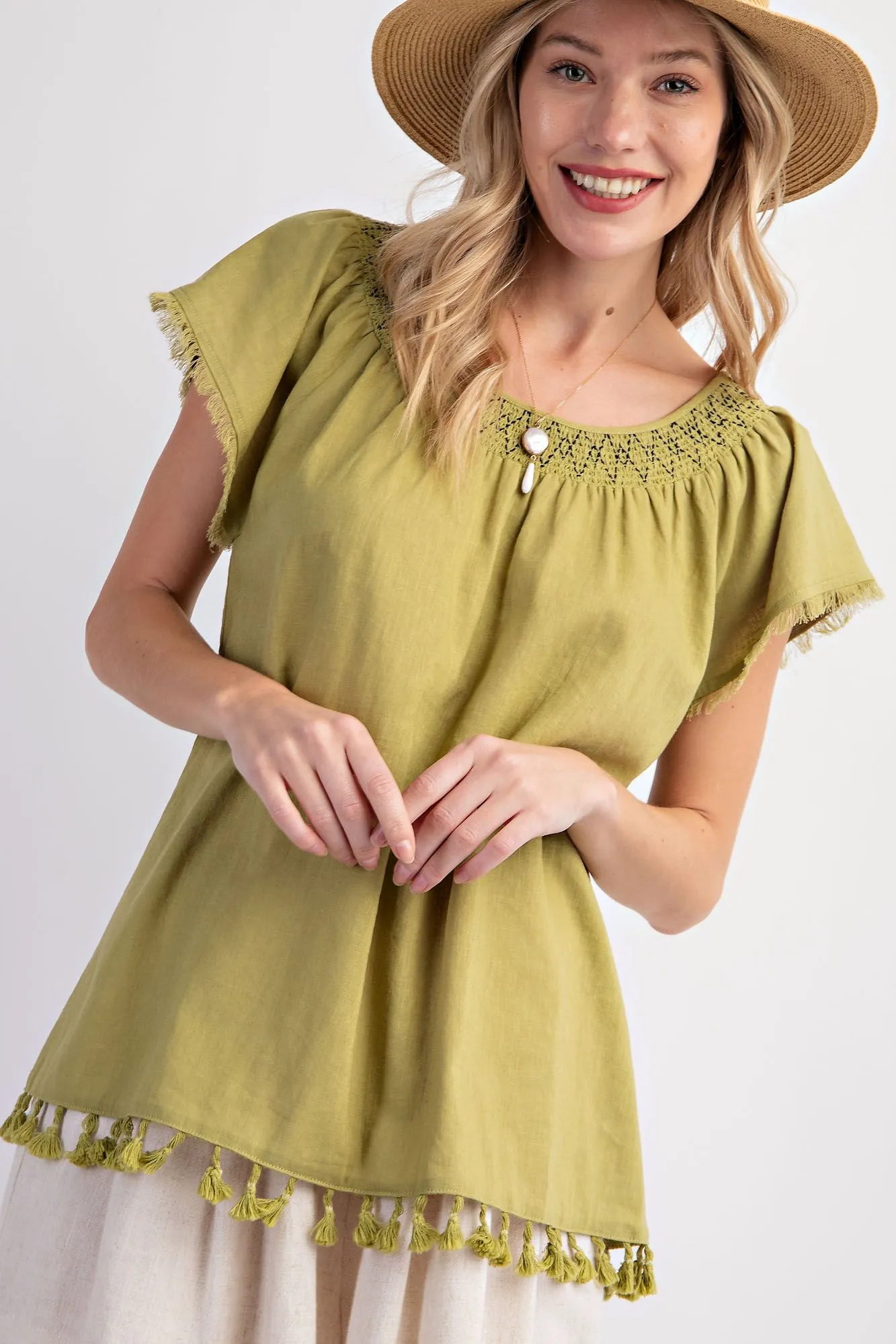 Cap Sleeve Tassel Linen Top