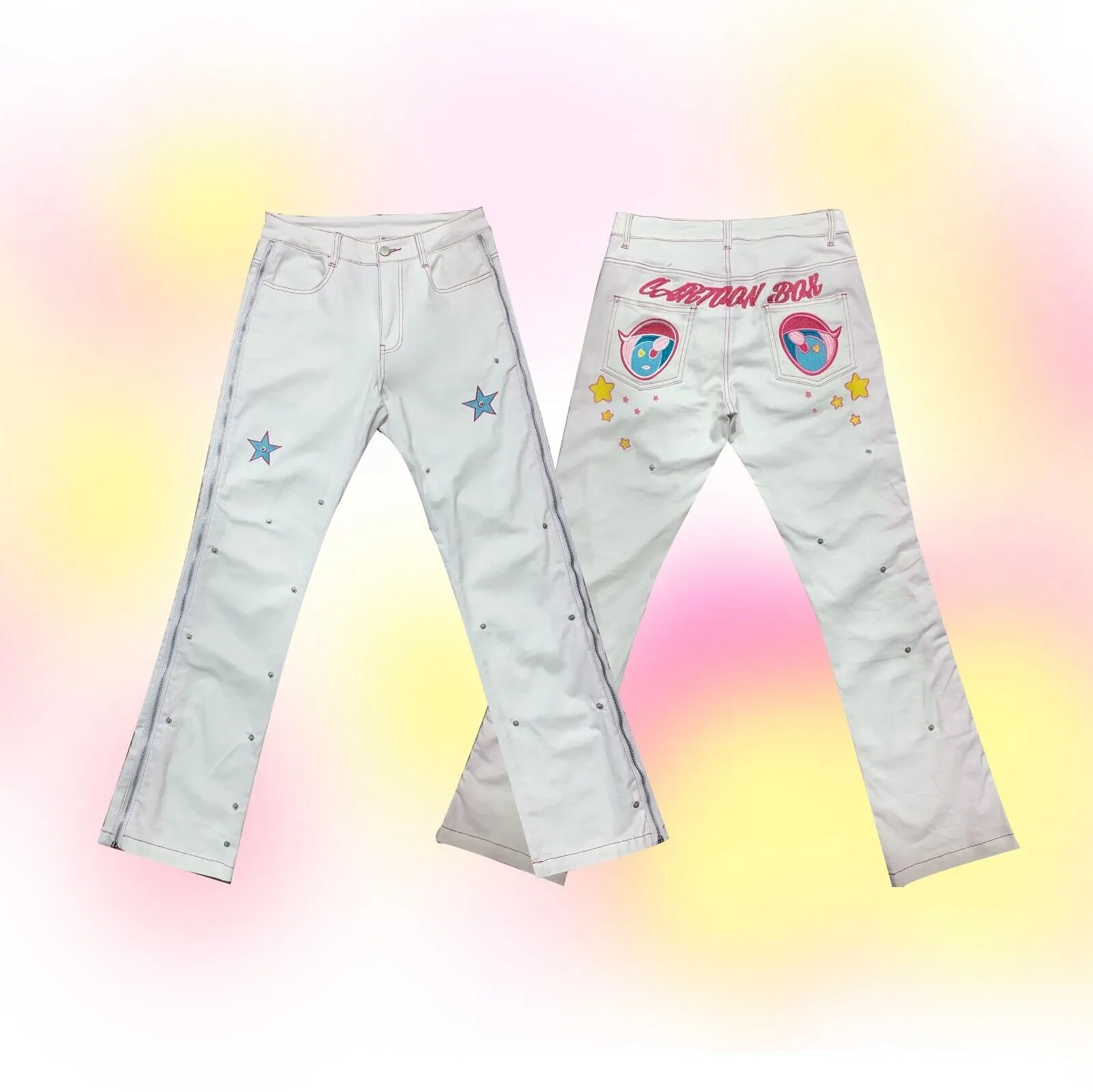 Cartoonbox Original Heterochromia Pink Bear Low-Waist Straight Zipper Pants