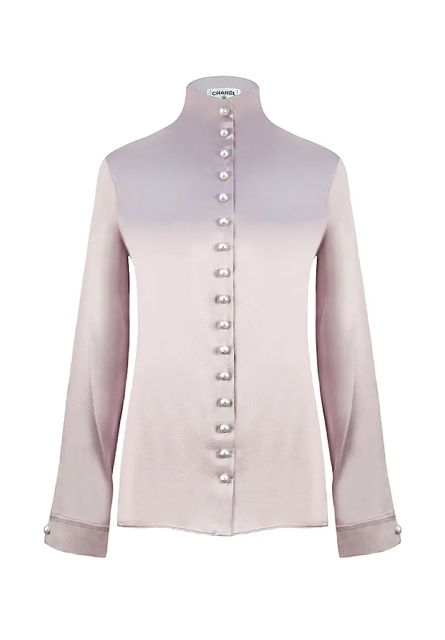 Chanel Satin Silk Pearl CC logo buttons Ivory Blouse FR 38