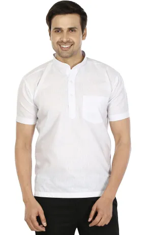 Cotton Dress Mens Short Sleeve Kurta Shirt India Fashion Clothes (White)