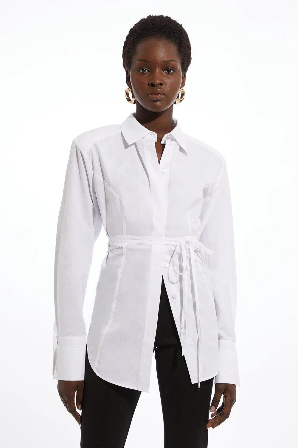 Cotton Poplin Waist Detail Longline Woven Shirt | Karen Millen