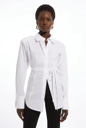 Cotton Poplin Waist Detail Longline Woven Shirt | Karen Millen