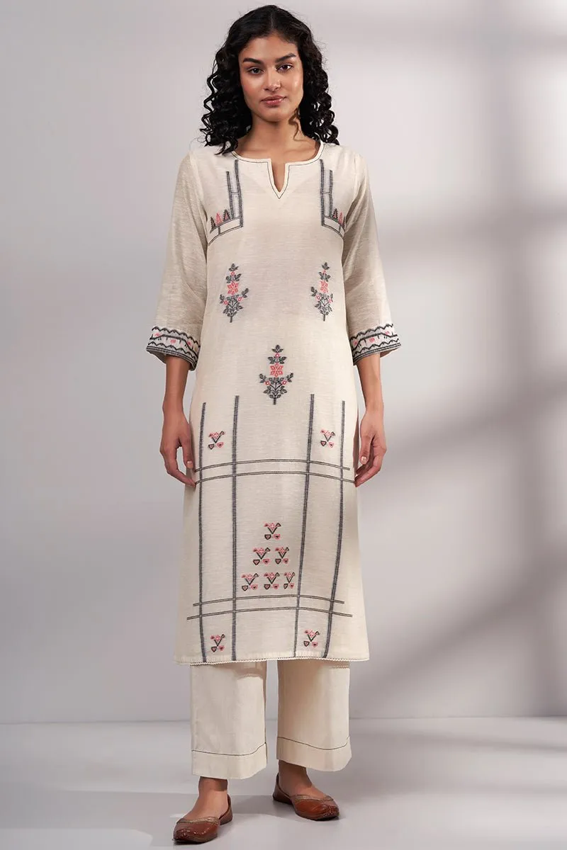 Cream Woven Cotton Linen Kurta With Cotton Bottom