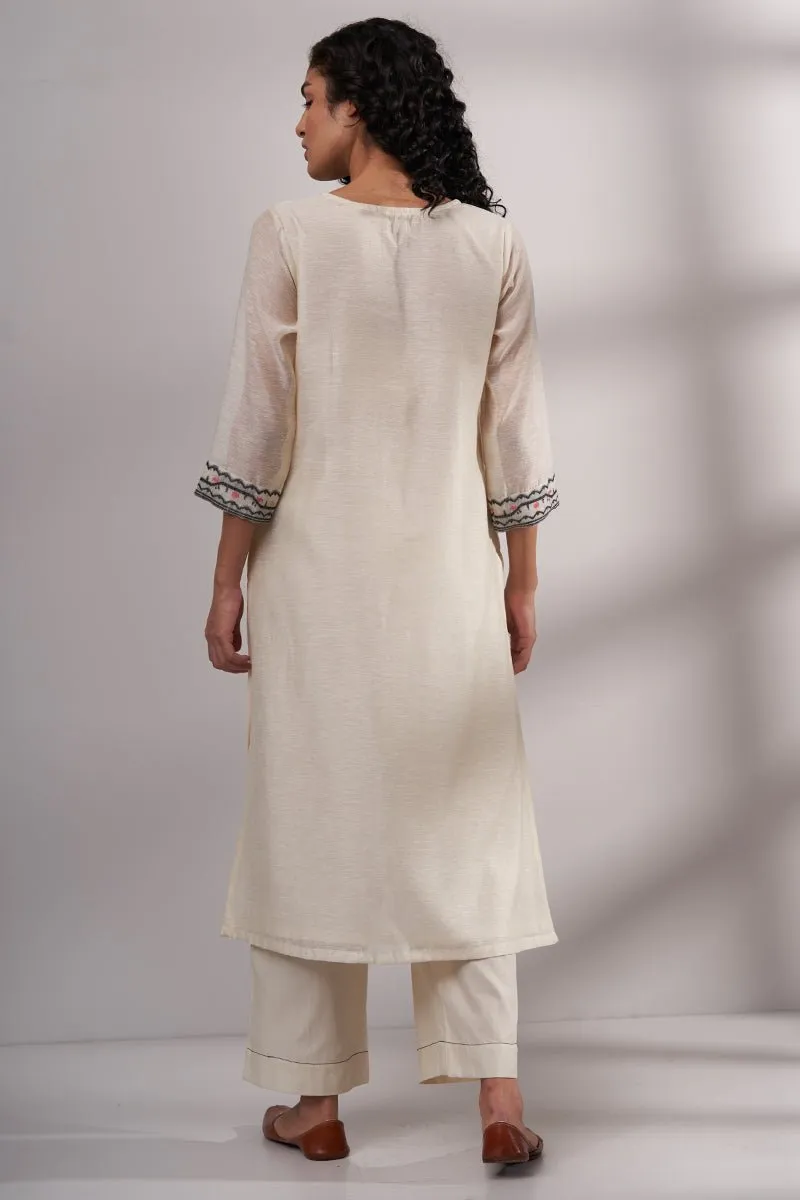 Cream Woven Cotton Linen Kurta With Cotton Bottom