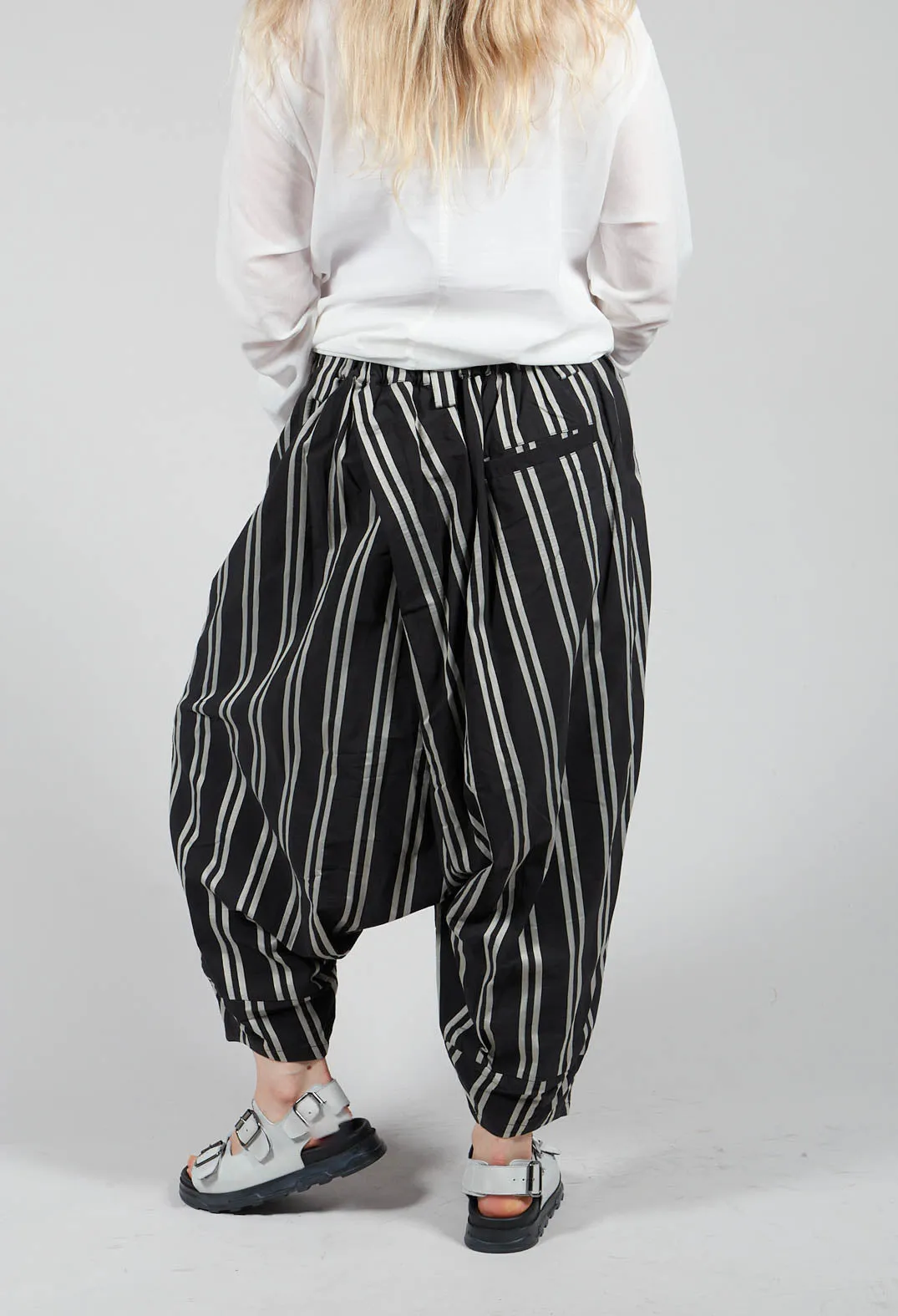 Dropcrotch Trousers with Asymmetric Pleat in Black and Beige Stripe