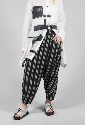 Dropcrotch Trousers with Asymmetric Pleat in Black and Beige Stripe