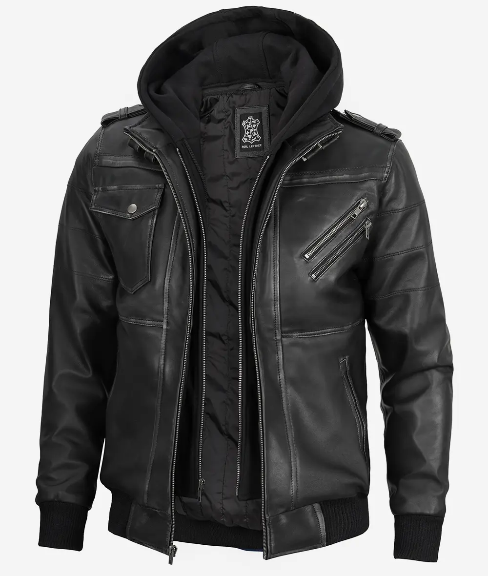 Edinburgh Men's Grey Leather Bomber Jacket With Removable Hood