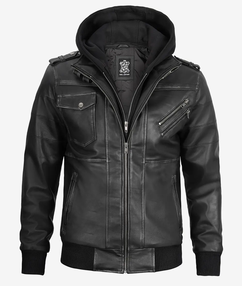 Edinburgh Men's Grey Leather Bomber Jacket With Removable Hood