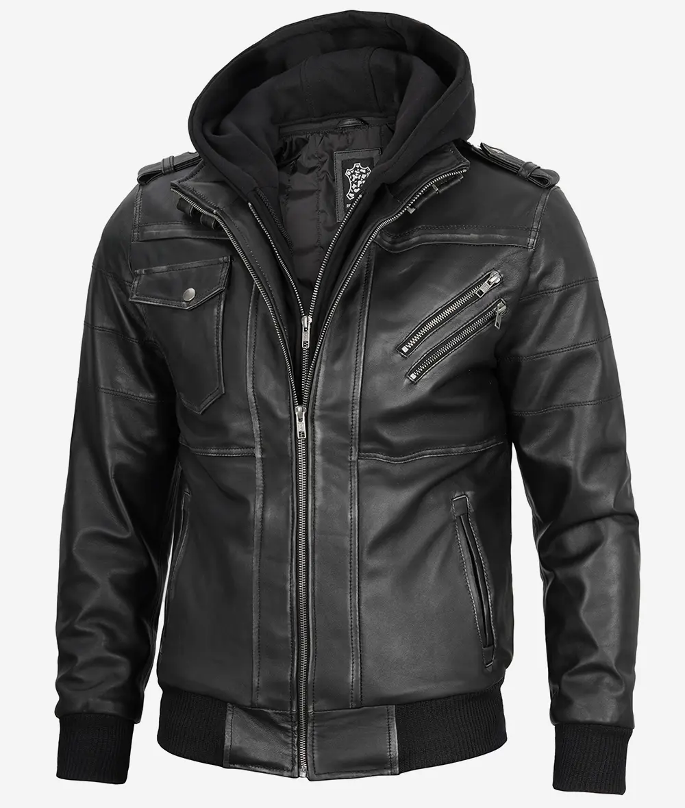 Edinburgh Men's Grey Leather Bomber Jacket With Removable Hood