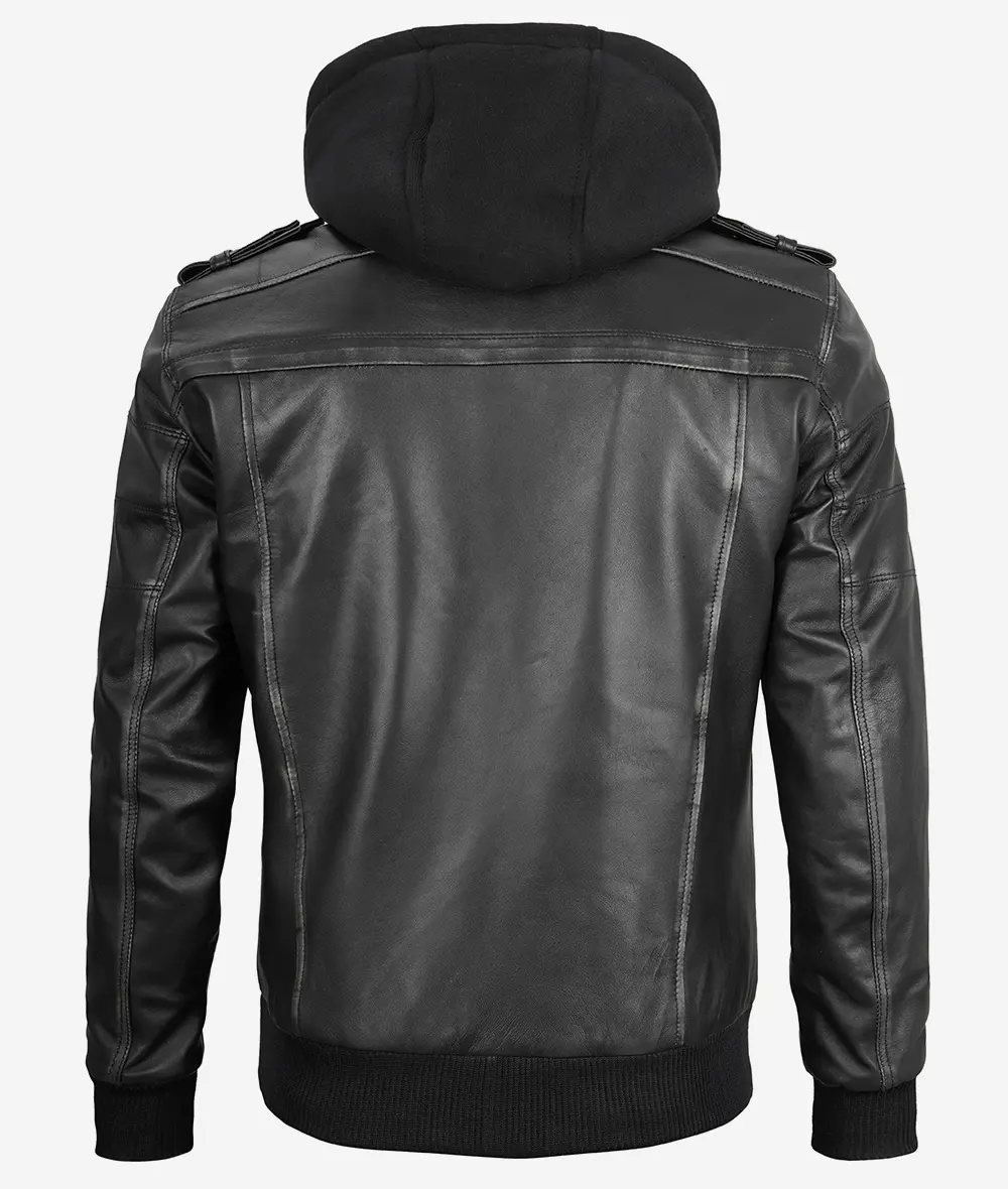 Edinburgh Men's Grey Leather Bomber Jacket With Removable Hood