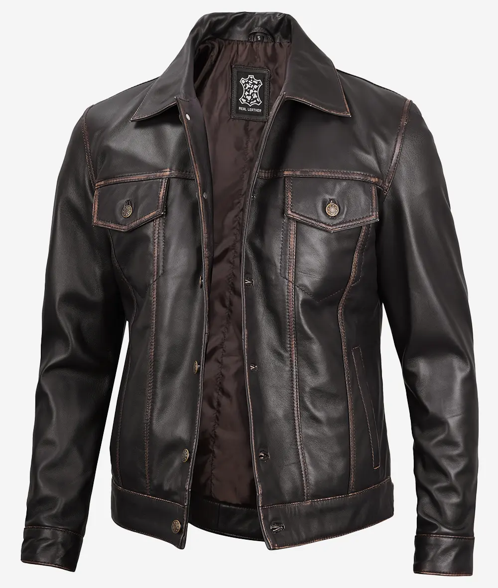 Fernando Men's Dark Brown Leather Trucker Jacket