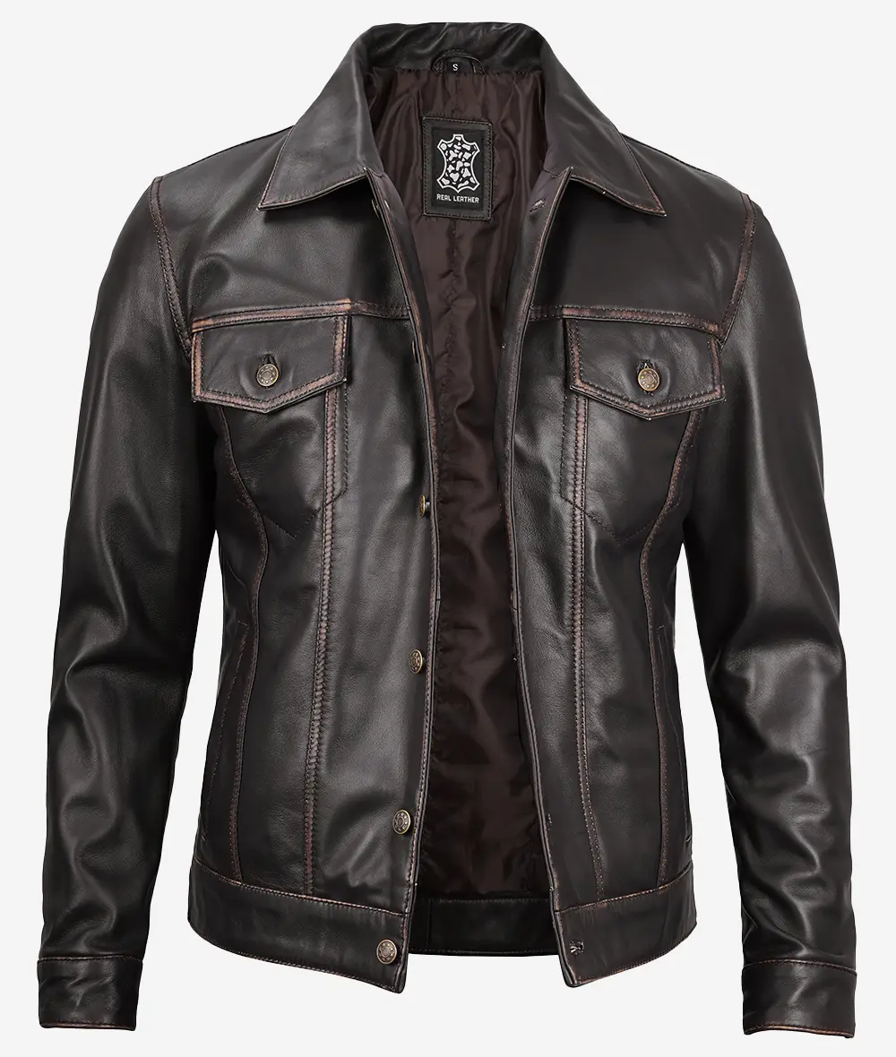 Fernando Men's Dark Brown Leather Trucker Jacket