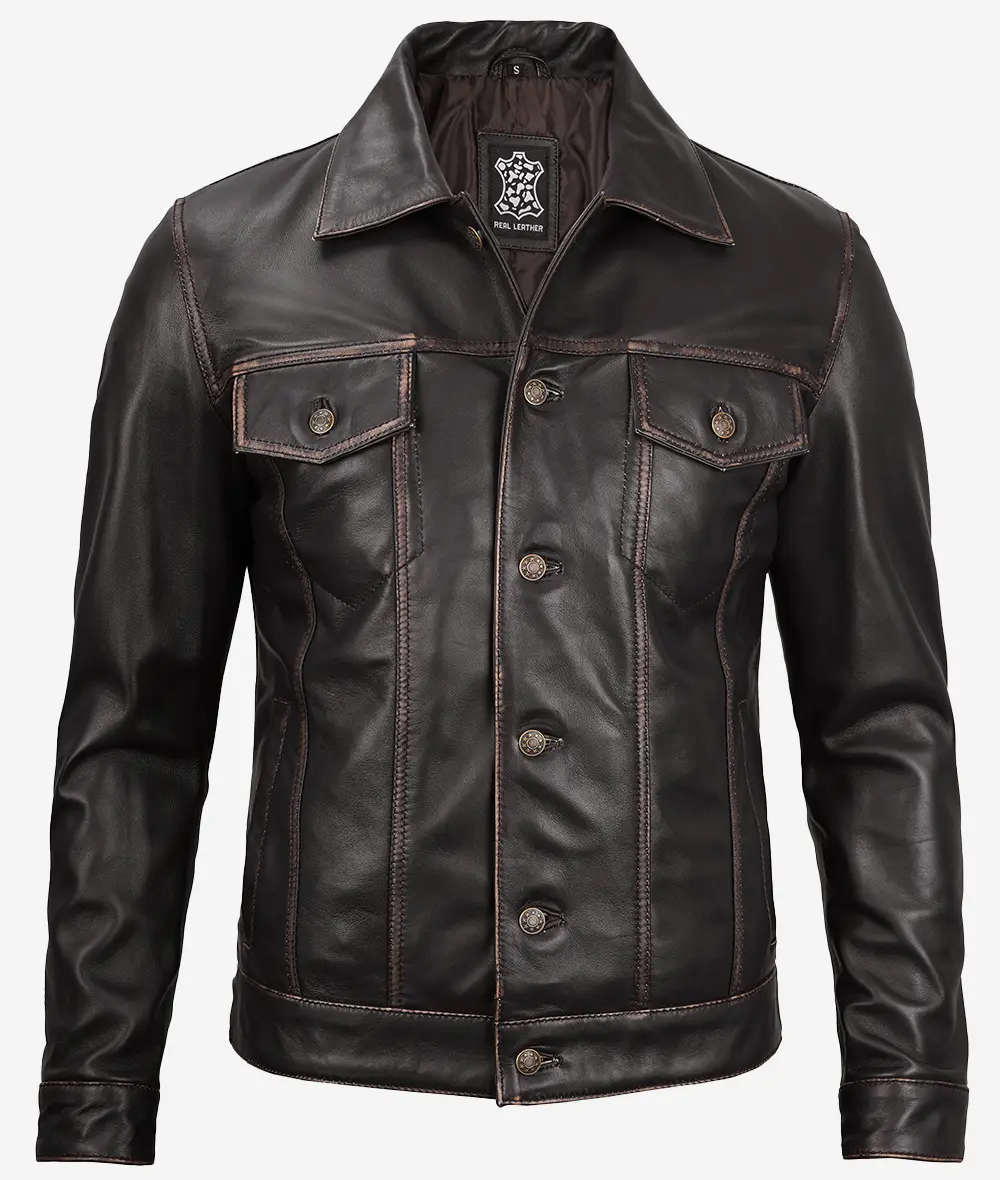 Fernando Men's Dark Brown Leather Trucker Jacket