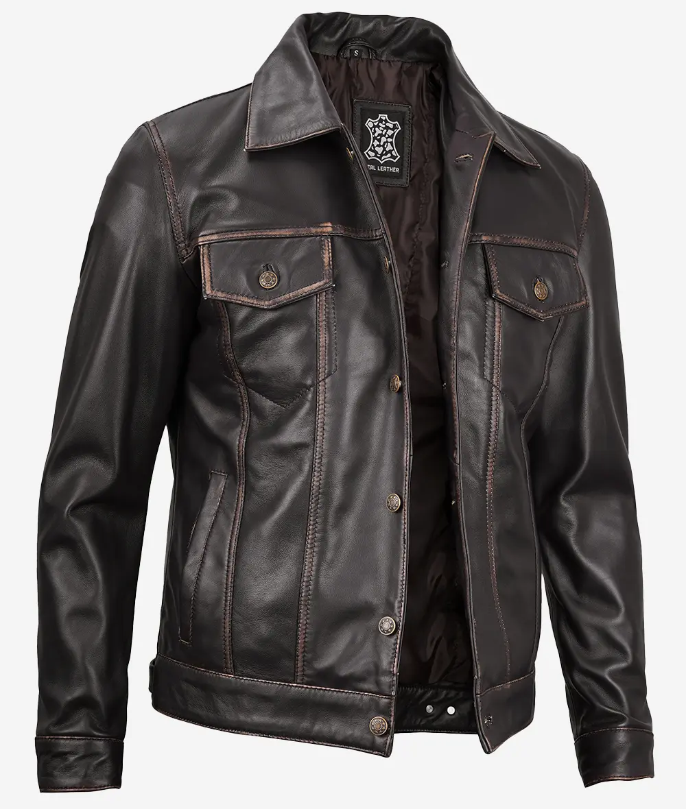 Fernando Men's Dark Brown Leather Trucker Jacket