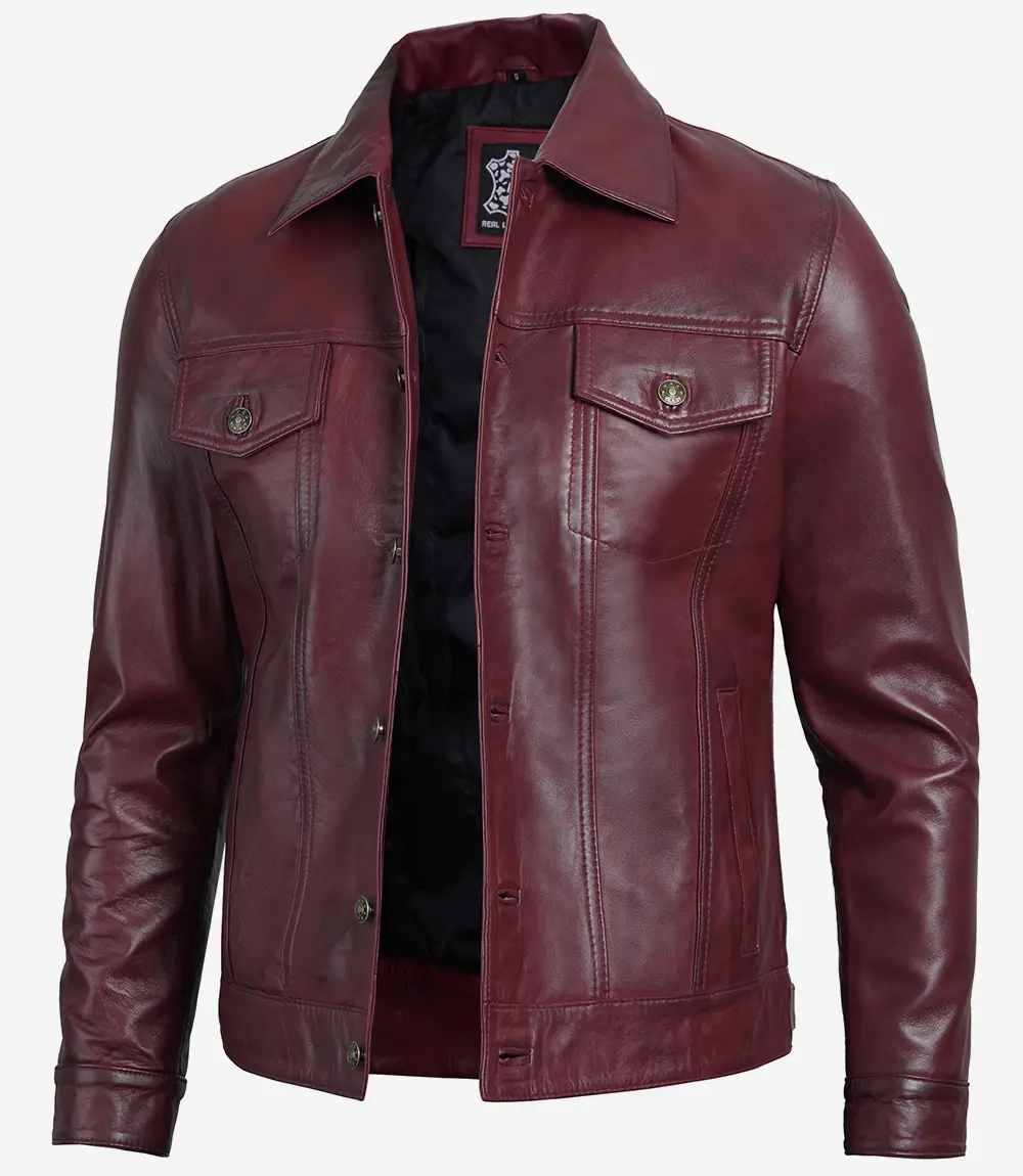 Fernando Men's Lambskin Leather Maroon Trucker Jacket