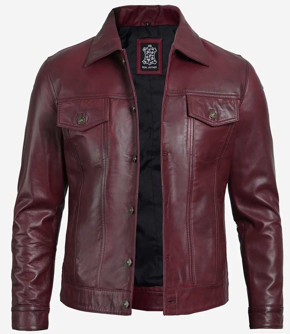 Fernando Men's Lambskin Leather Maroon Trucker Jacket