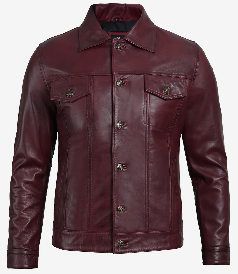 Fernando Men's Lambskin Leather Maroon Trucker Jacket