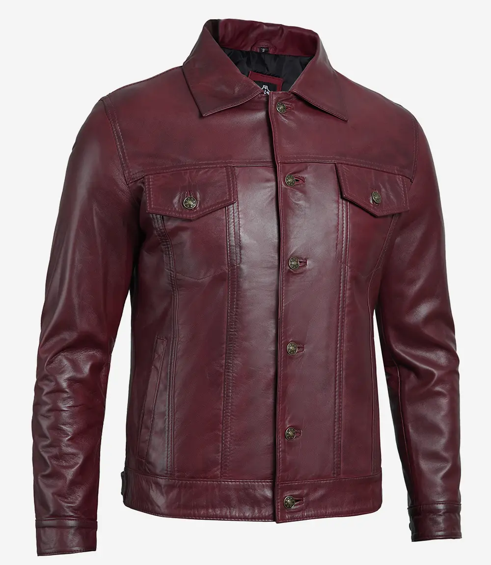 Fernando Men's Lambskin Leather Maroon Trucker Jacket