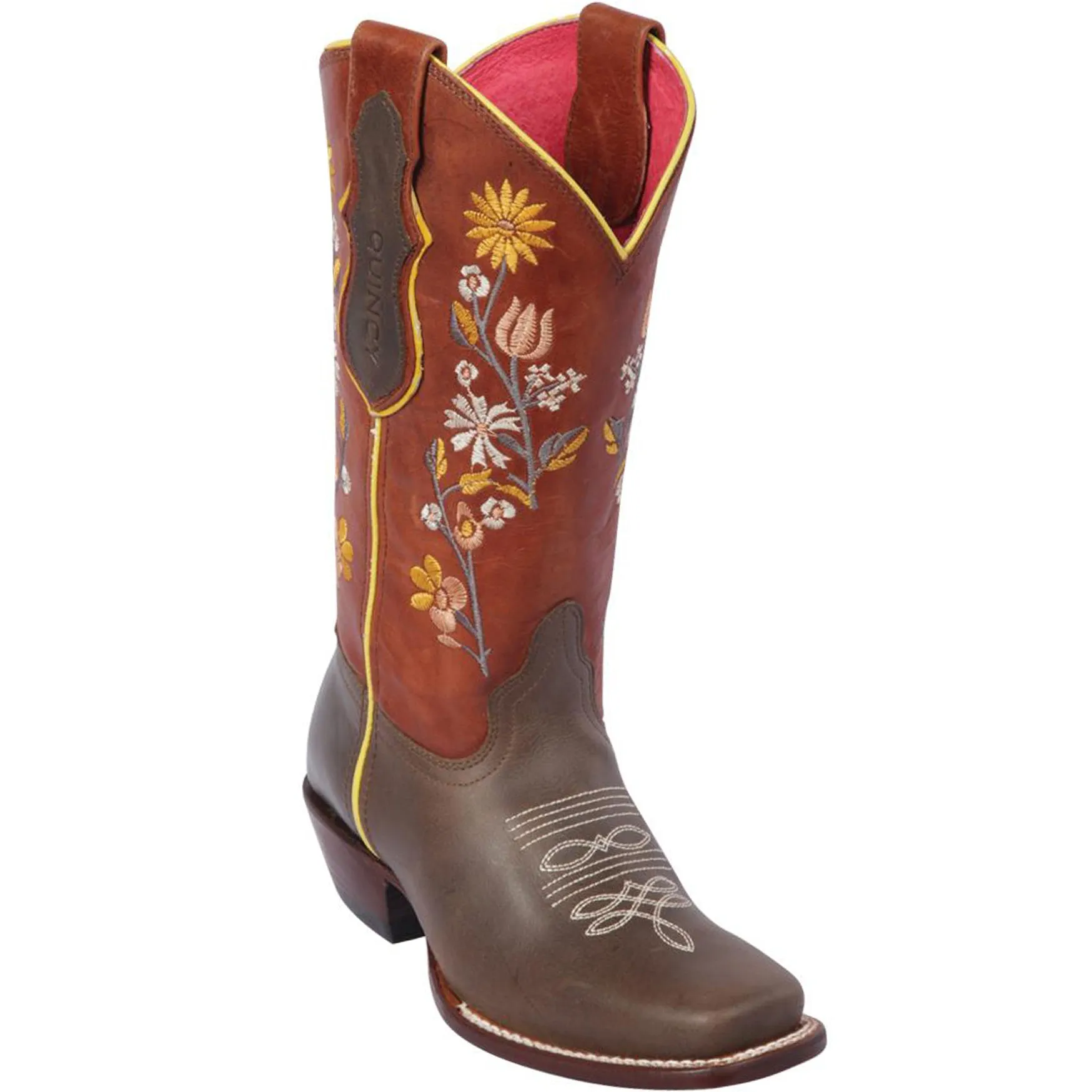 Flowered Square Toe Cowgirl Boots - Brown