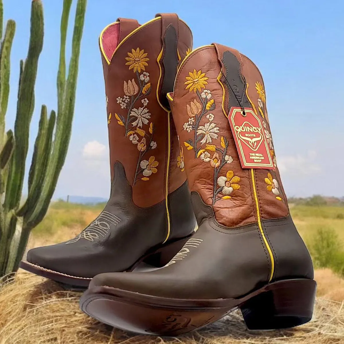 Flowered Square Toe Cowgirl Boots - Brown