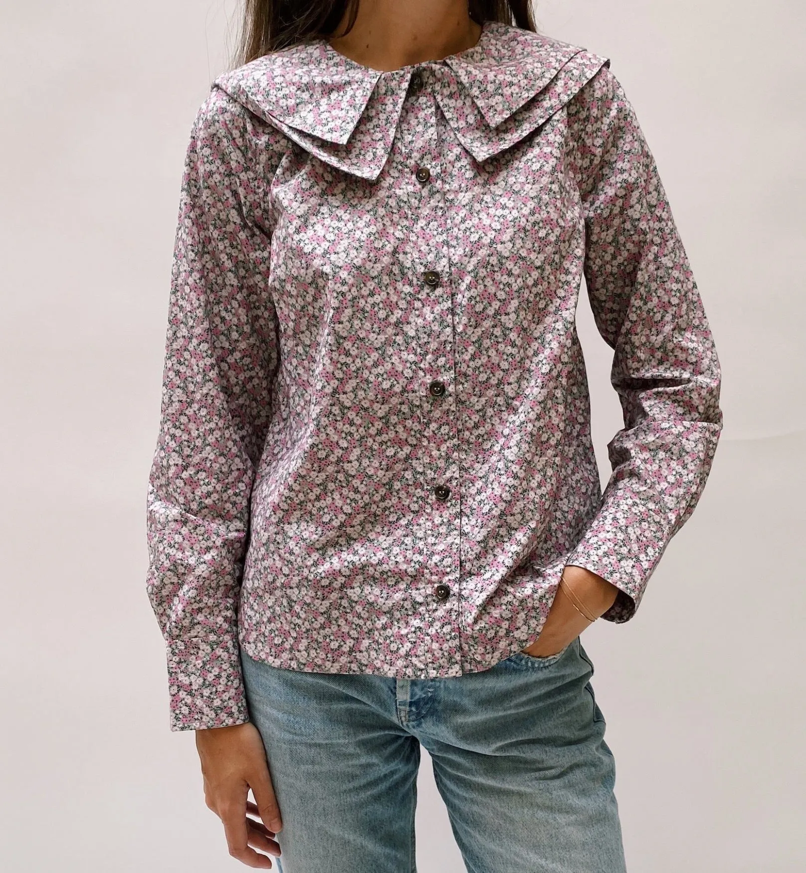 Ganni Pink Printed Cotton Double-Collar Shirt